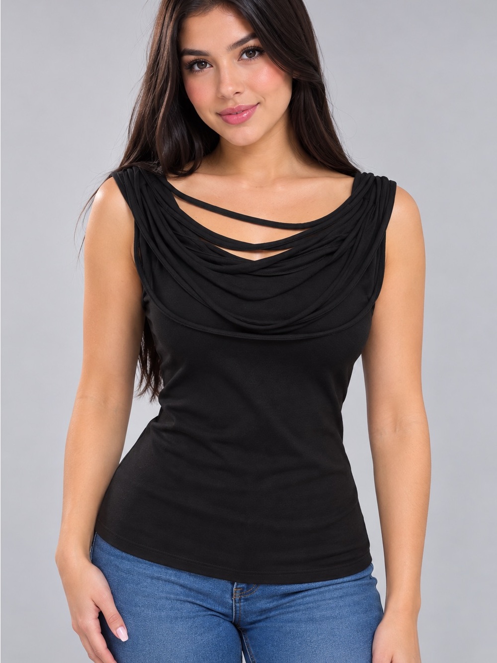 Cowl-Strap Sleeveless Tank Top - Black
